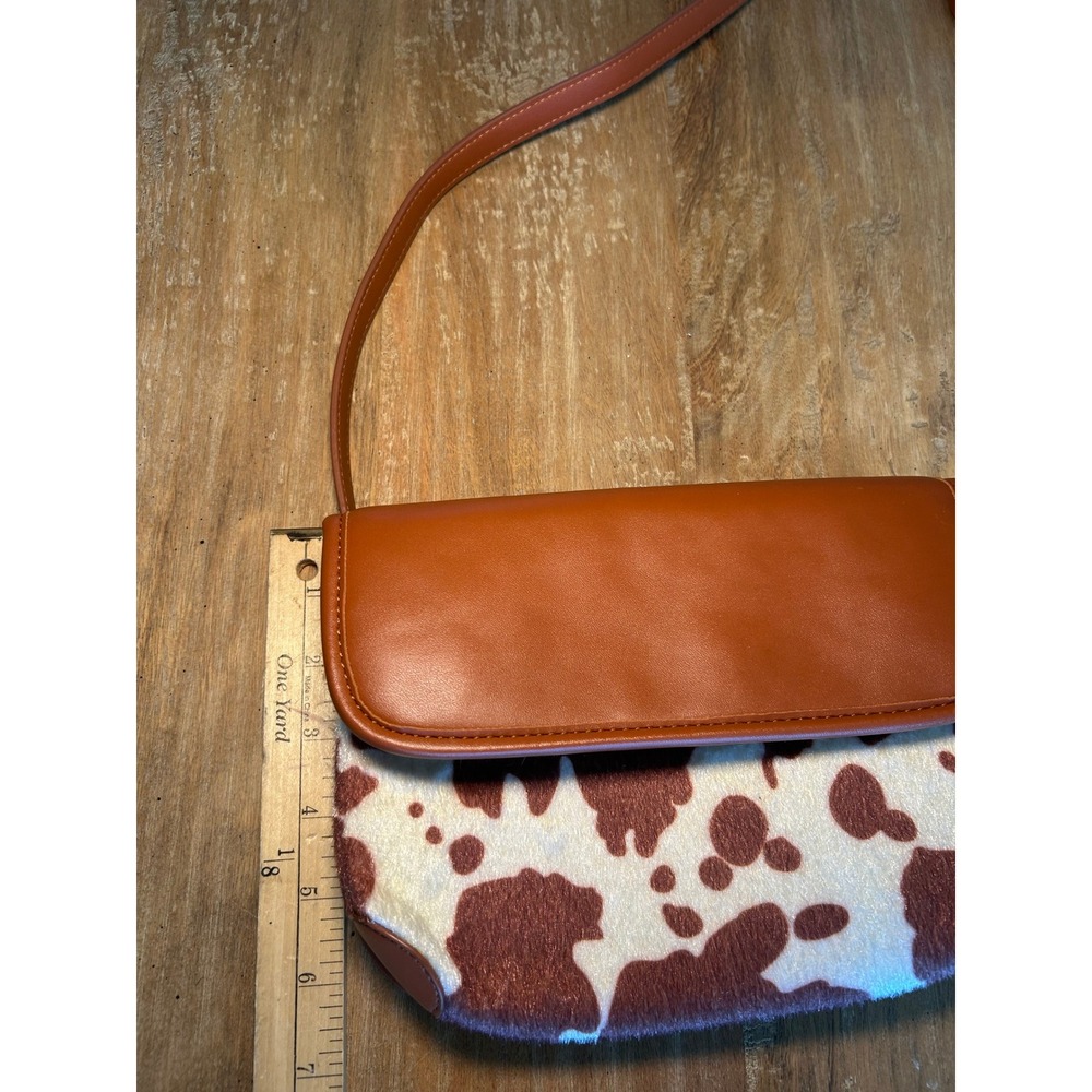 Cow Print Faux Fur Crossbody Bag Cognac Brown White Western Style Small‎ Purse - Picture 5 of 7